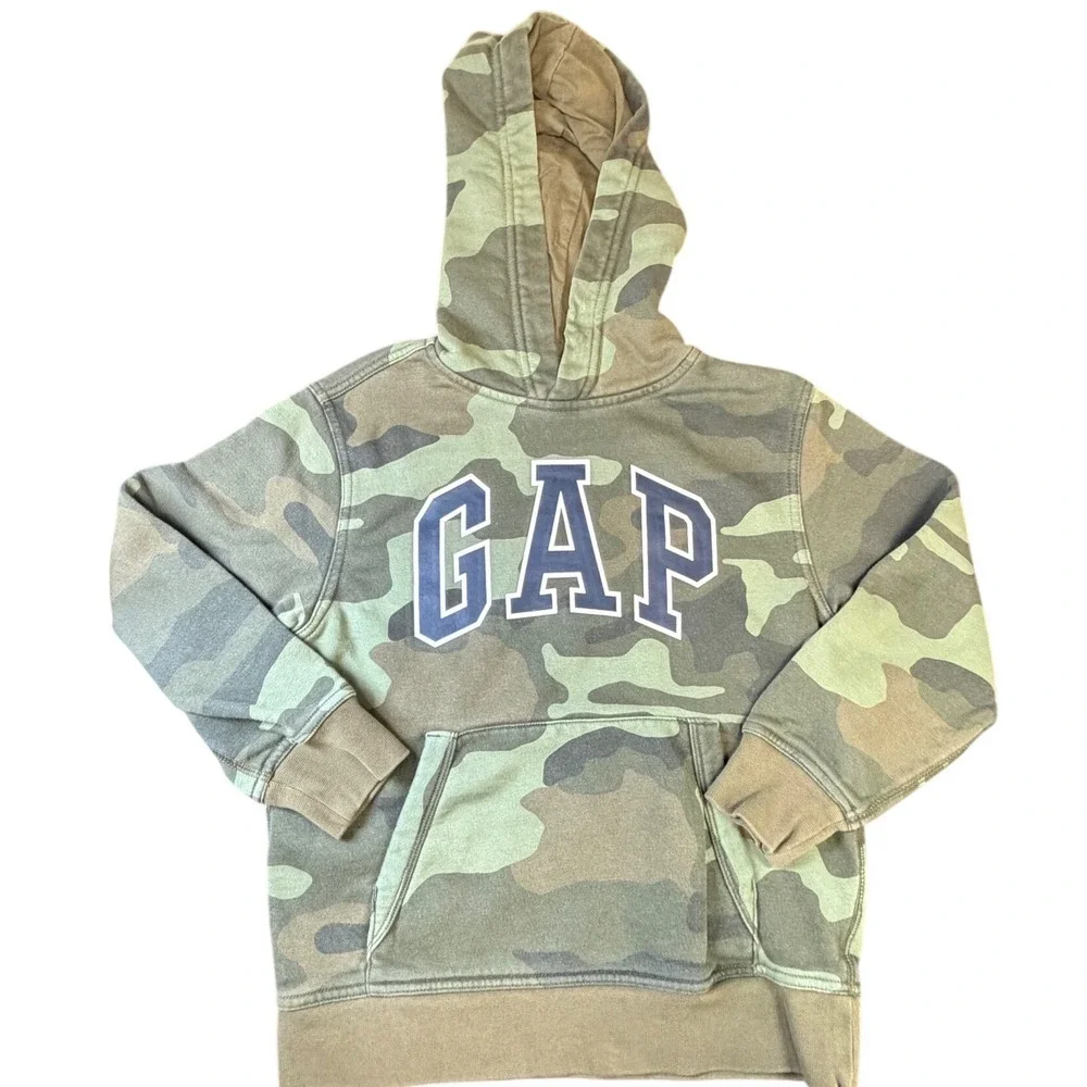 Gap Kids Camo Arch Logo Pullover Hoodie Green Camouflage Size M 8 J6‎